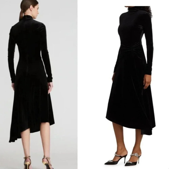 Halston Bell Long Sleeve Velvet Cocktail Dress Mock Neck Asymmetrical Hem - Picture 2 of 11